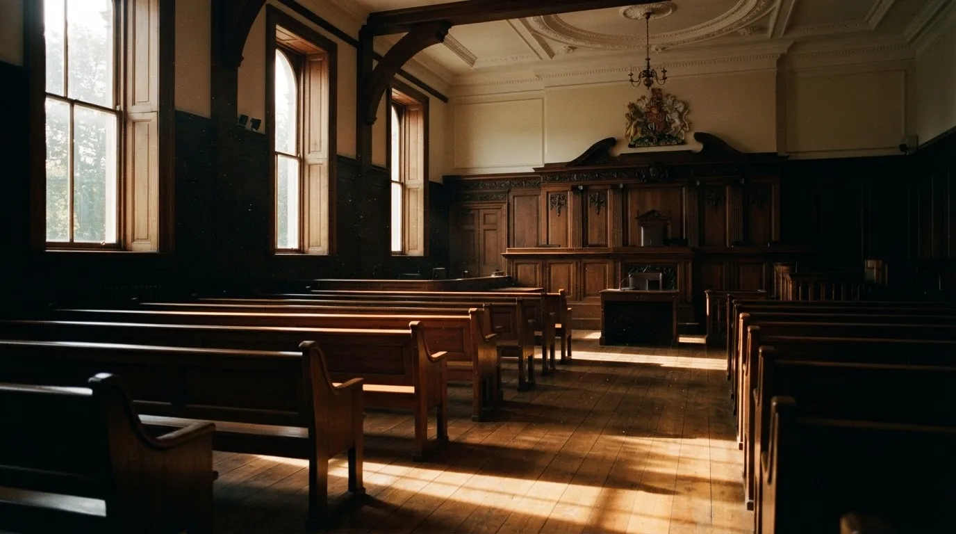Een lege rechtszaal met houten banken in het ochtendlicht