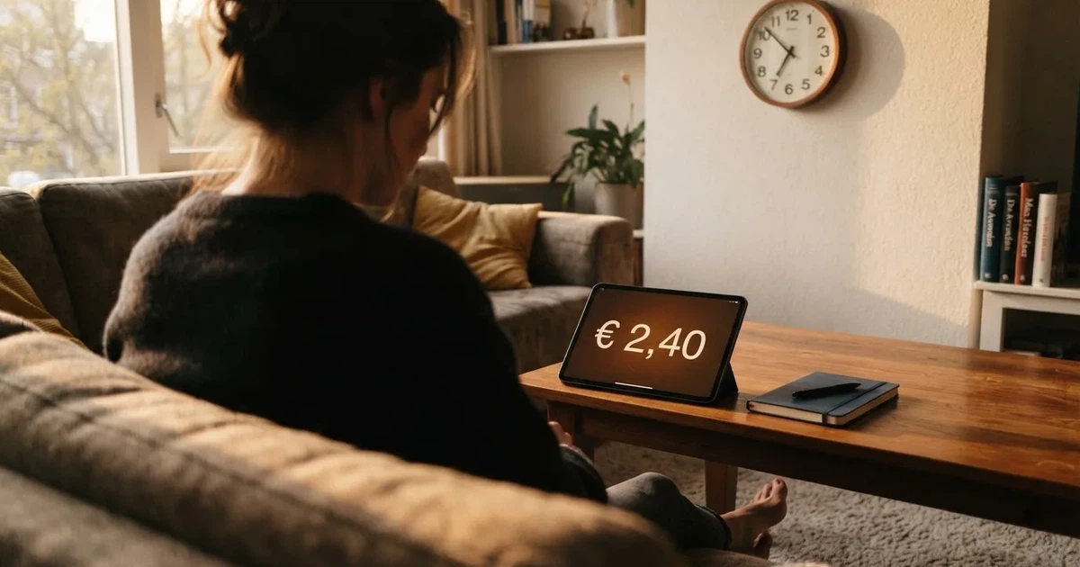 Een persoon op de bank kijkt peinzend naar een tablet, op de achtergrond een klok aan de muur
