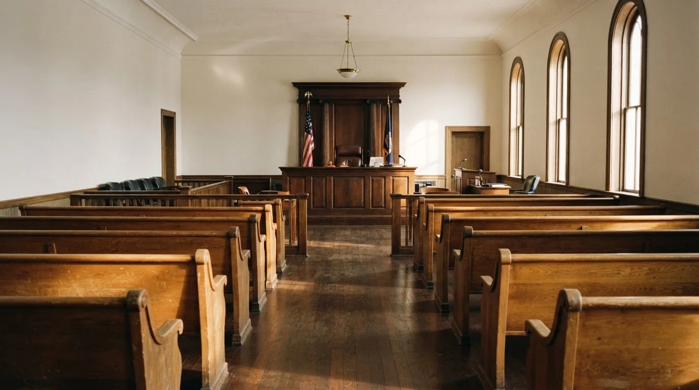 Een lege rechtszaal met houten banken in het ochtendlicht