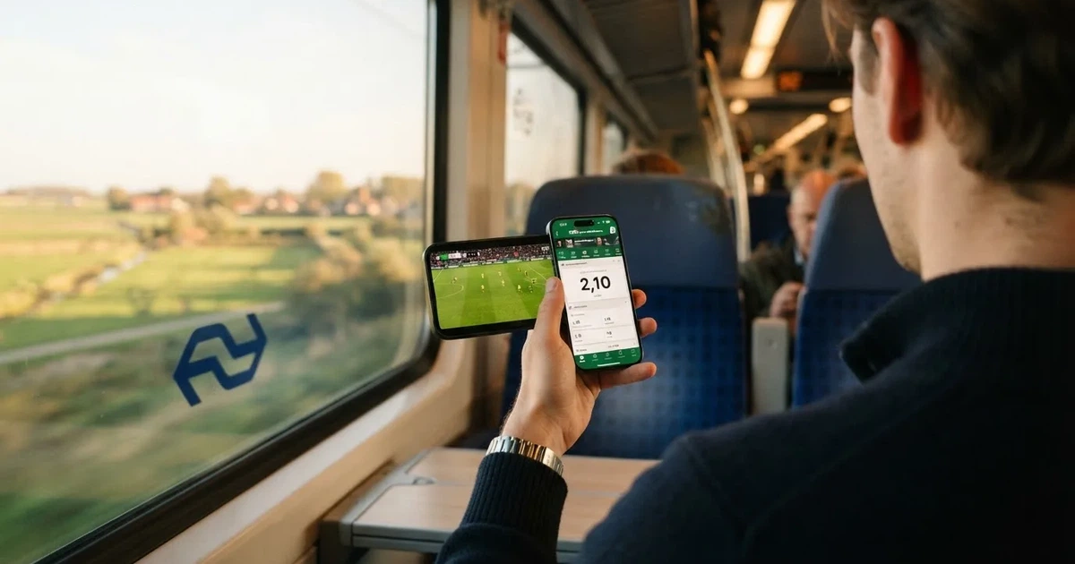 Een hand houdt een smartphone vast in de trein, het scherm van de camera afgewend