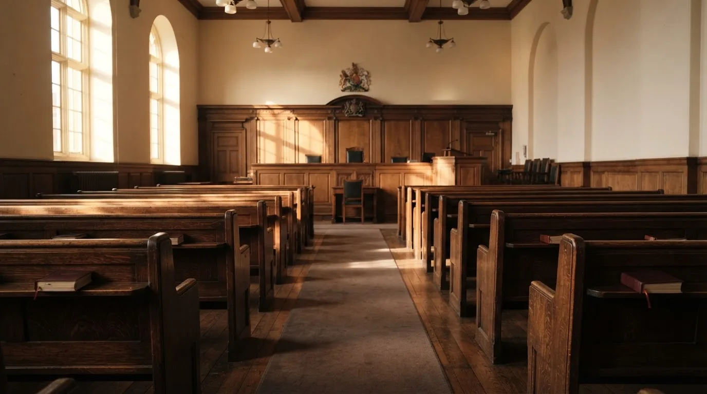 Een lege rechtszaal met houten banken in het ochtendlicht
