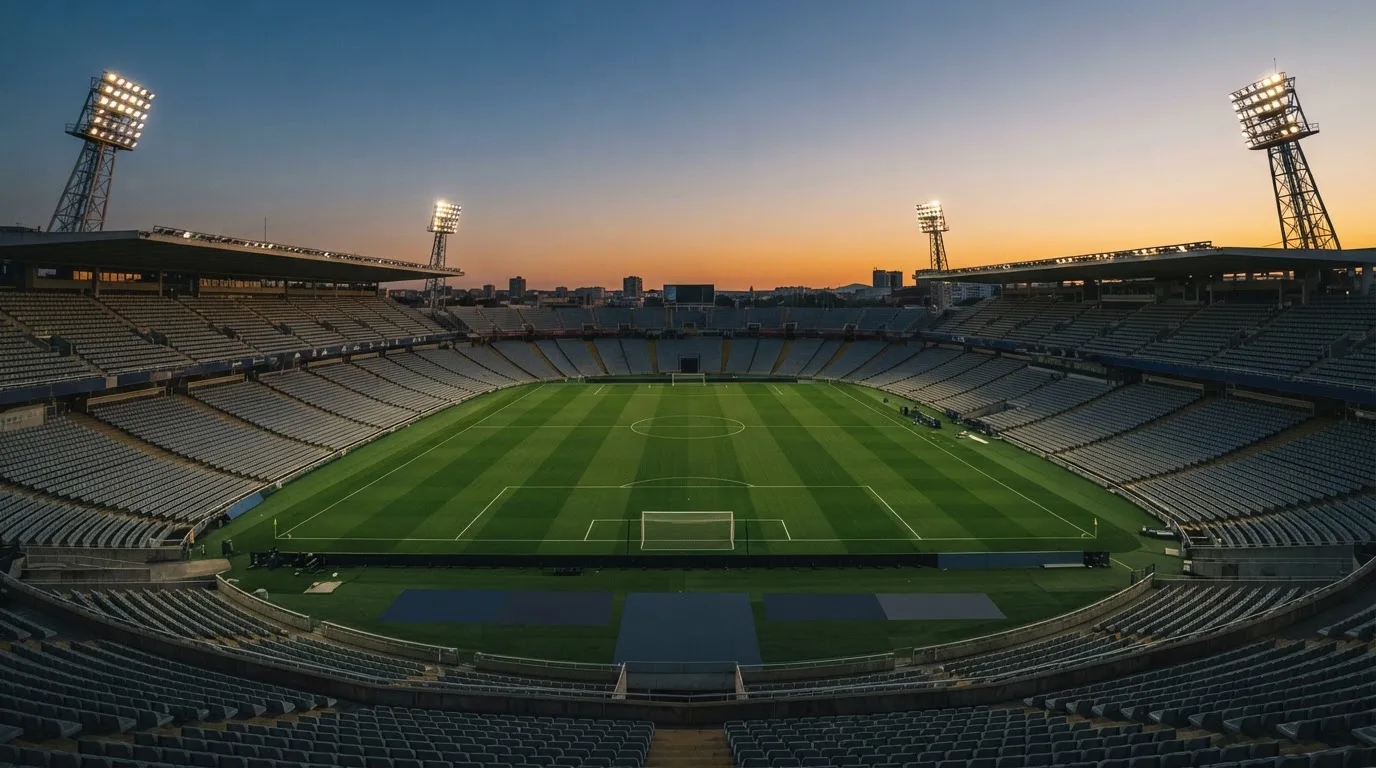 Een leeg voetbalstadion met lichtmasten bij schemering