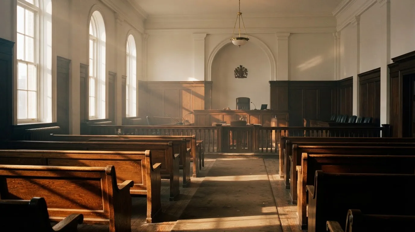 Een lege rechtszaal met houten banken in het ochtendlicht