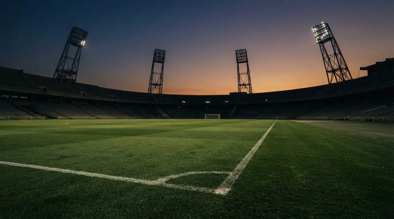 Een leeg voetbalstadion met lichtmasten bij schemering