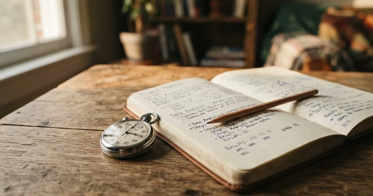 Een opengeslagen notitieboek met een potlood en een stopwatch op een houten tafel