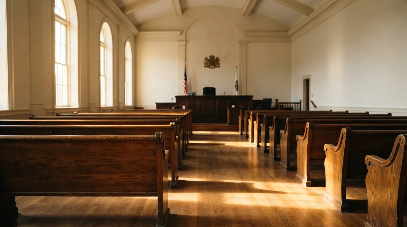 Een lege rechtszaal met houten banken in het ochtendlicht