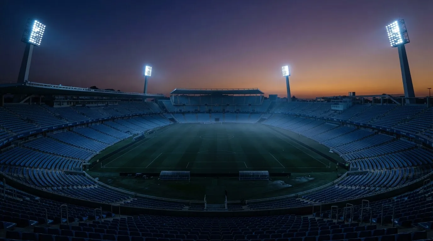 Een leeg voetbalstadion met lichtmasten bij schemering