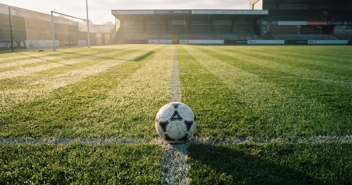 Een voetbal op de middenstip van een grasveld in het ochtendlicht
