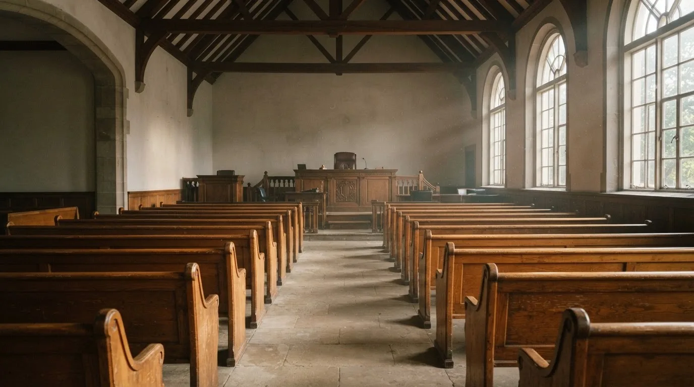 Een lege rechtszaal met houten banken in het ochtendlicht