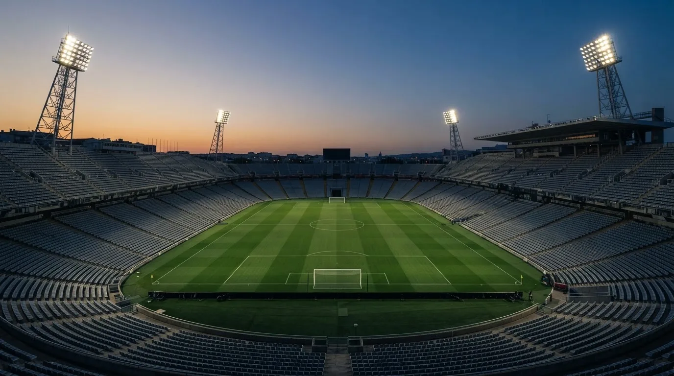 Een leeg voetbalstadion met lichtmasten bij schemering