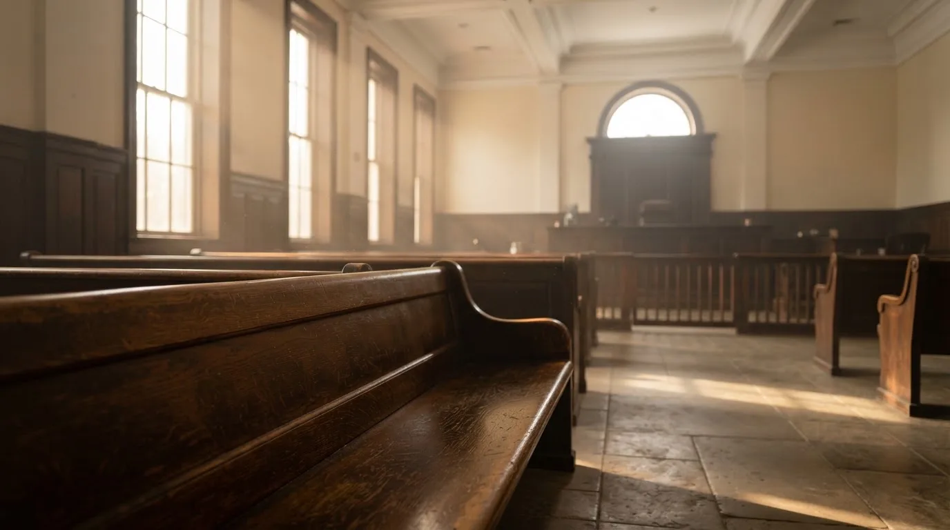 Een lege rechtszaal met houten banken in het ochtendlicht