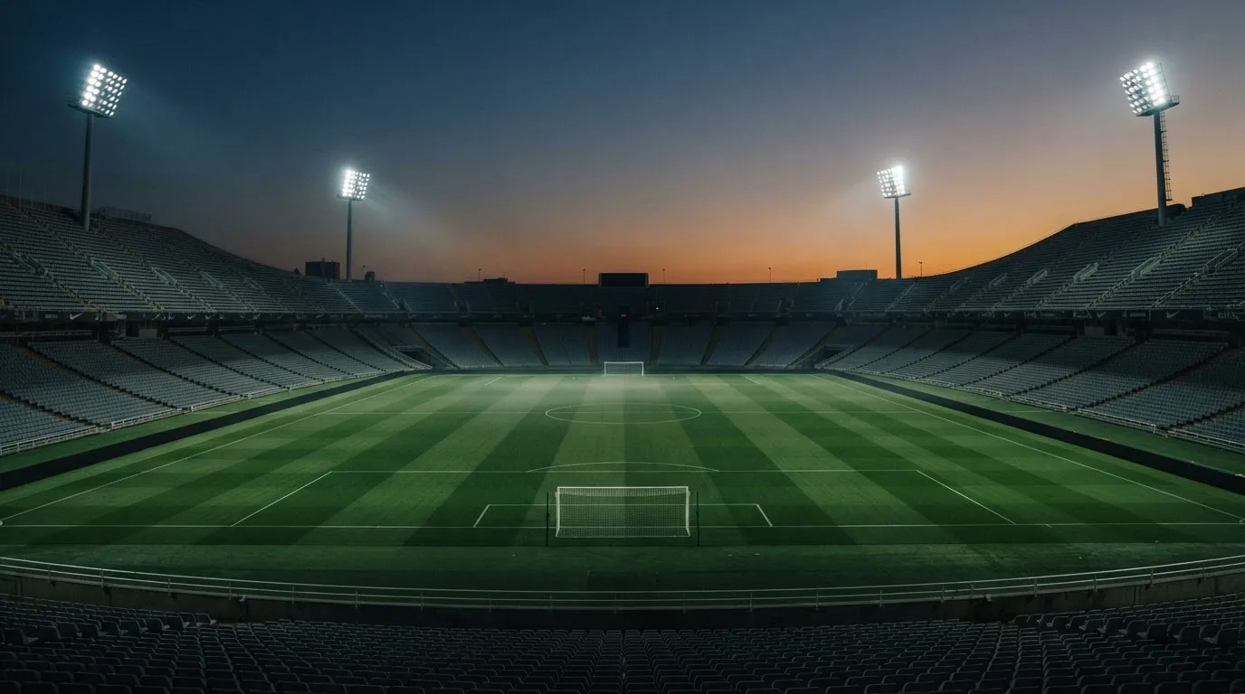 Een leeg voetbalstadion met lichtmasten bij schemering