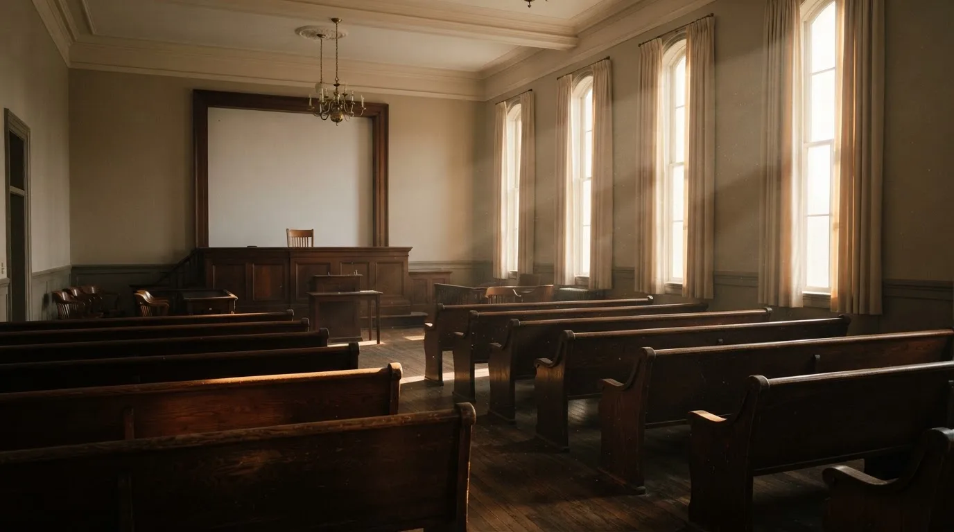 Een lege rechtszaal met houten banken in het ochtendlicht