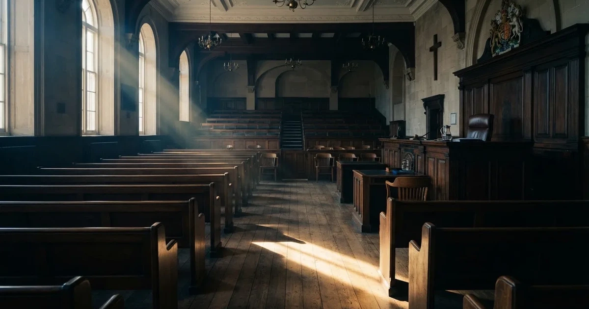 Een lege rechtszaal met houten banken in het ochtendlicht