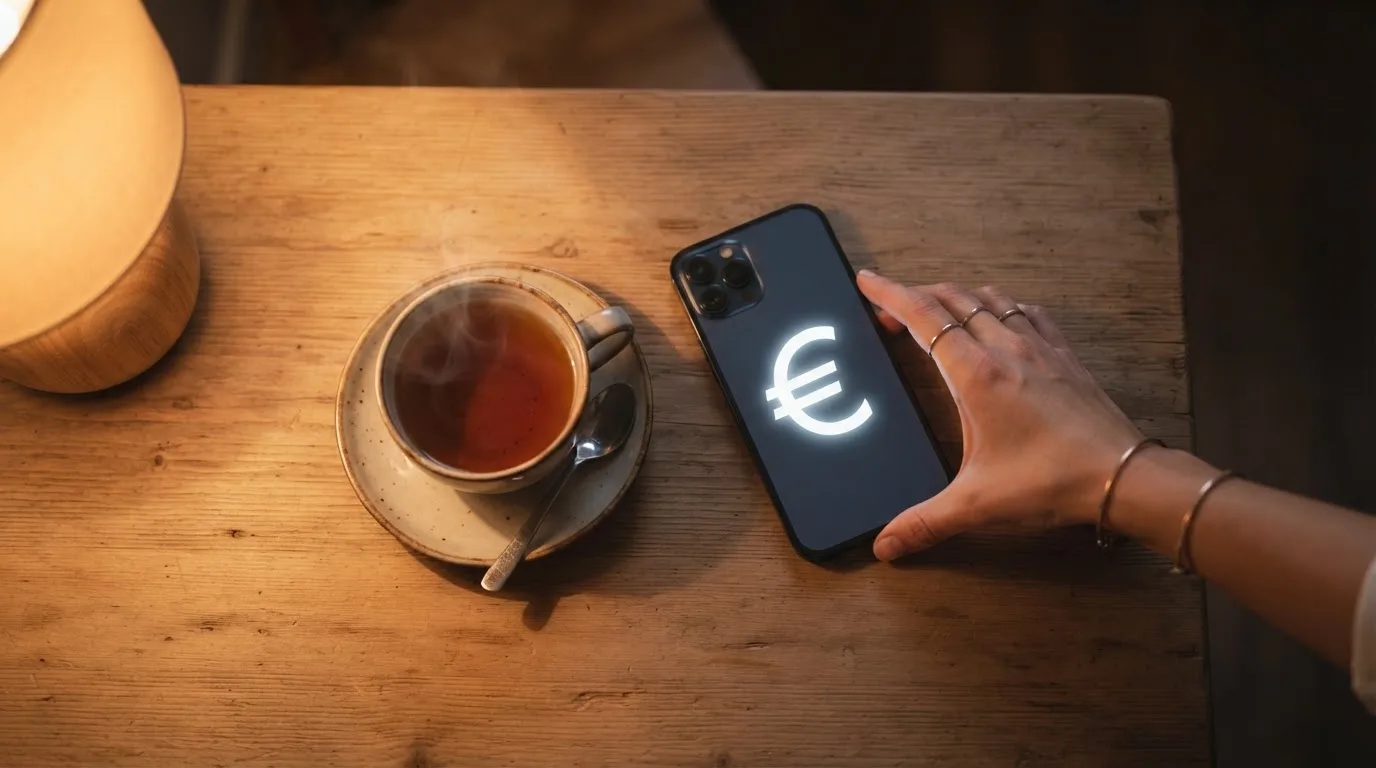 Een hand legt een smartphone naast een kopje thee op een keukentafel, een rustige avond