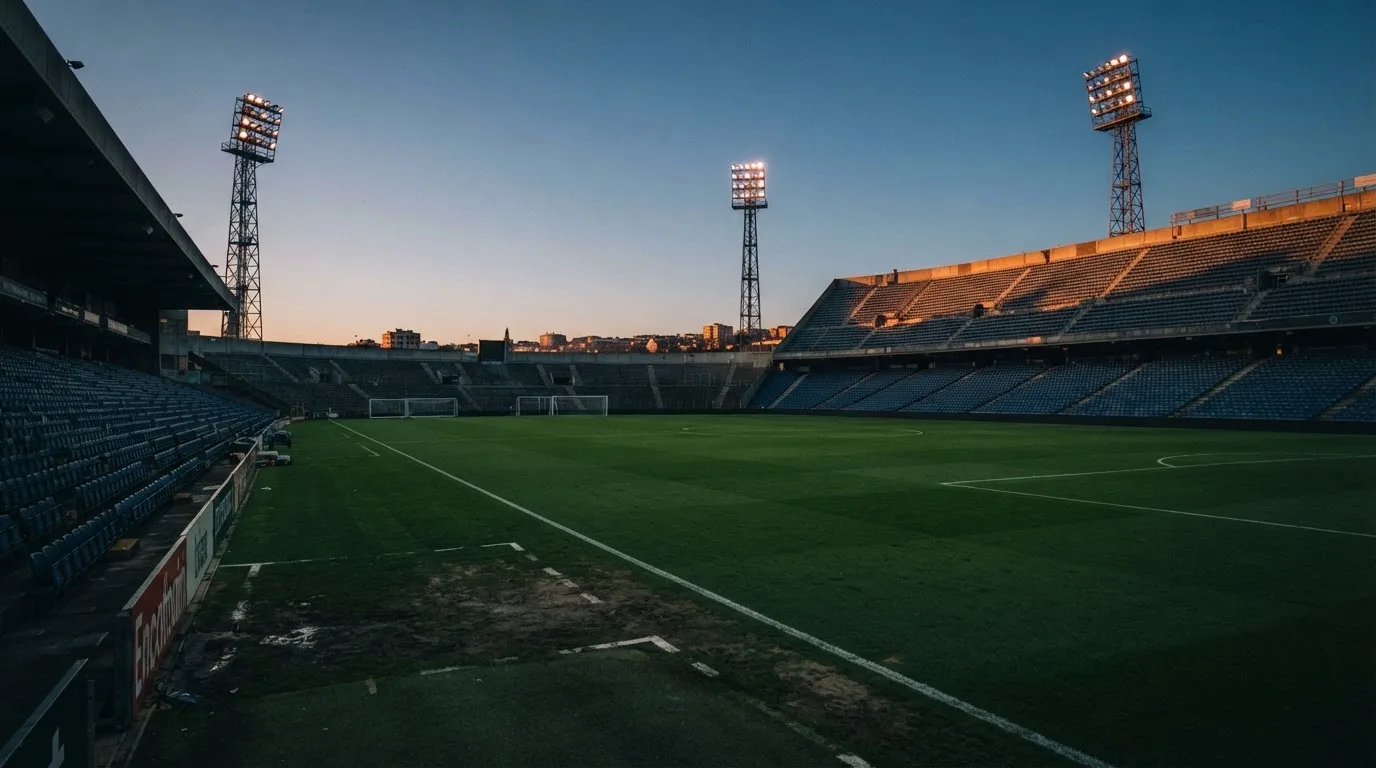 Een leeg voetbalstadion met lichtmasten bij schemering