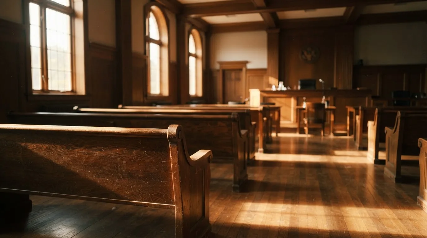 Een lege rechtszaal met houten banken in het ochtendlicht