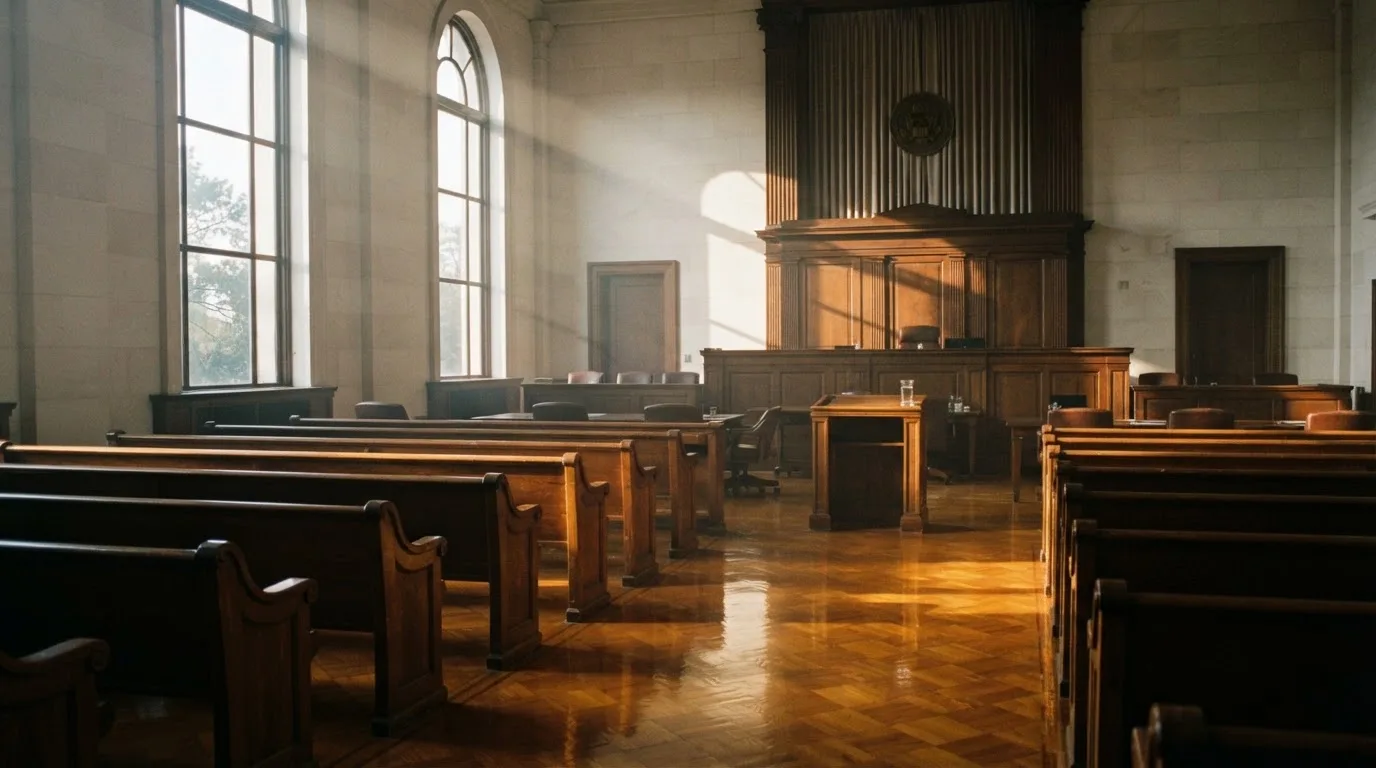 Een lege rechtszaal met houten banken in het ochtendlicht