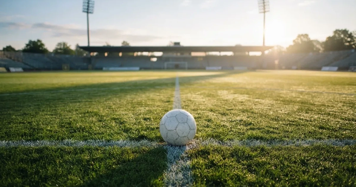 Een voetbal op de middenstip van een grasveld in het ochtendlicht