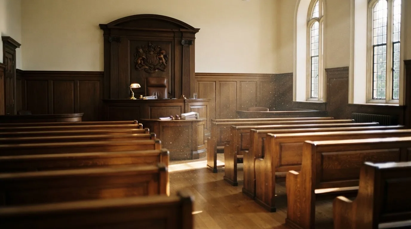 Een lege rechtszaal met houten banken in het ochtendlicht
