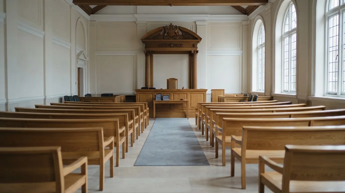 Een lege rechtszaal met houten banken in het ochtendlicht