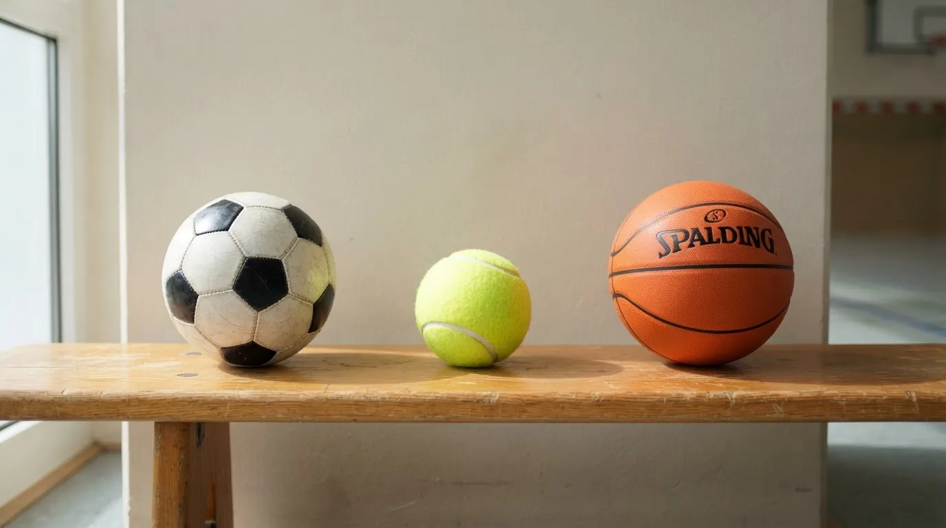 Drie ballen van verschillende soorten naast elkaar op een houten bank