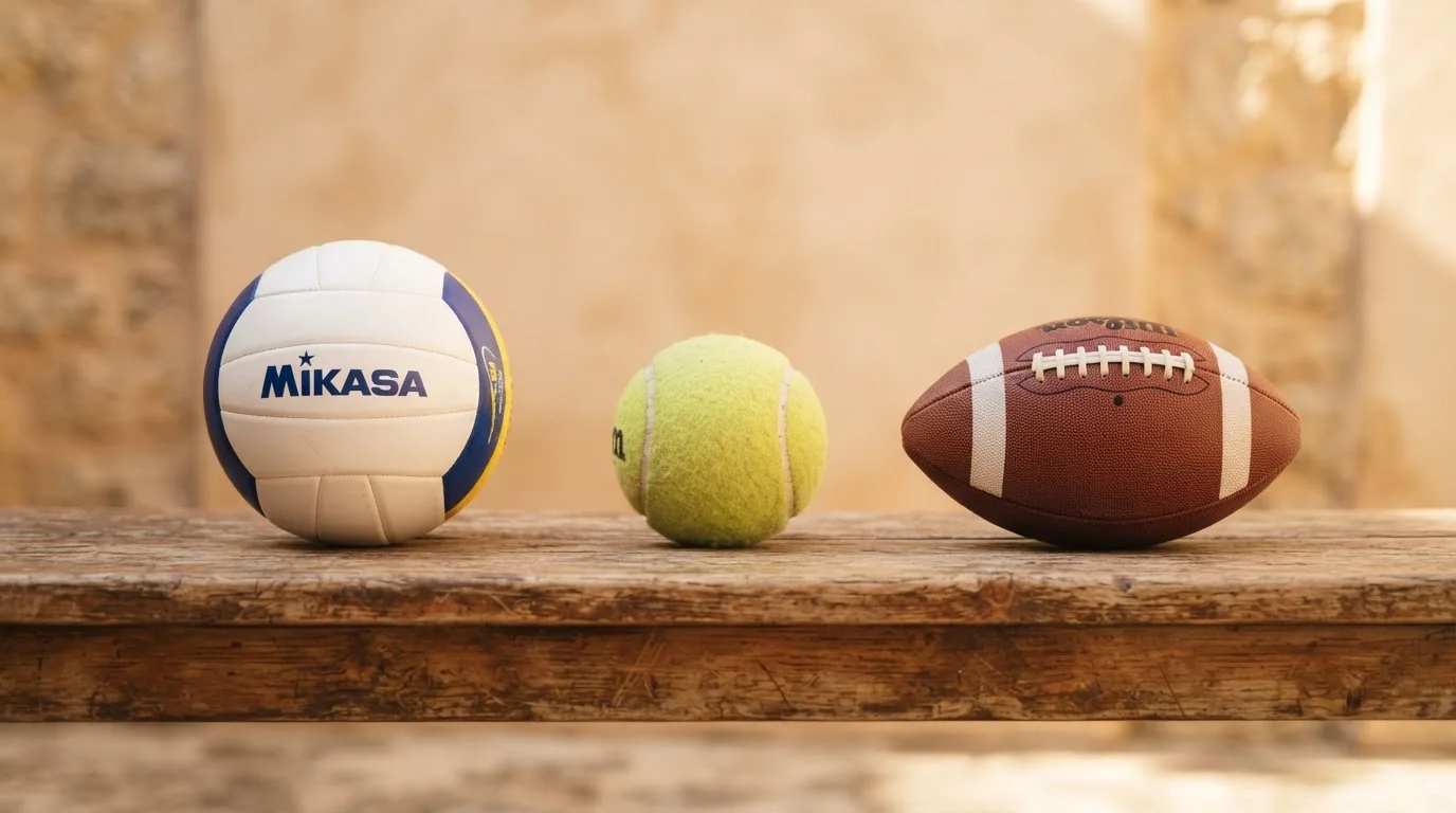 Drie ballen van verschillende soorten naast elkaar op een houten bank