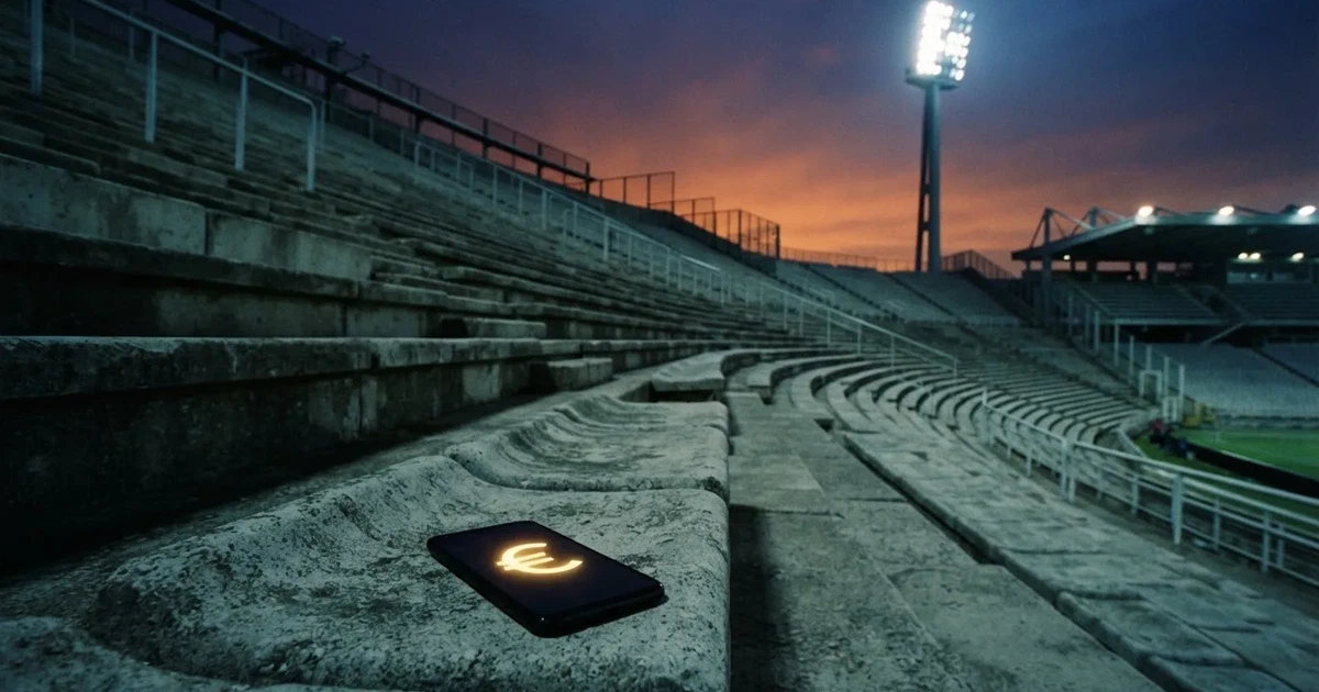 Een leeg voetbalstadion met lichtmasten bij schemering