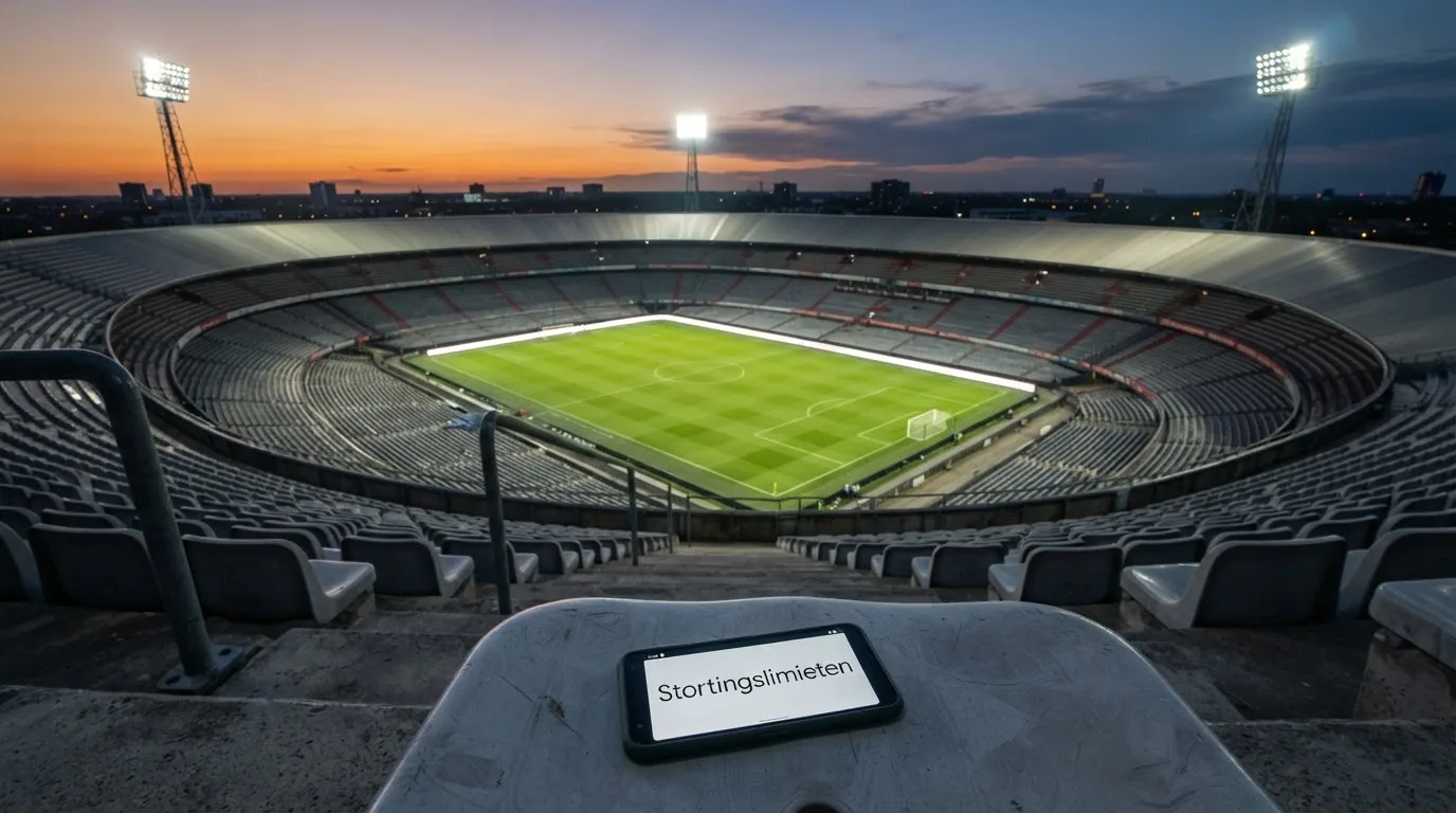 Een leeg voetbalstadion met lichtmasten bij schemering