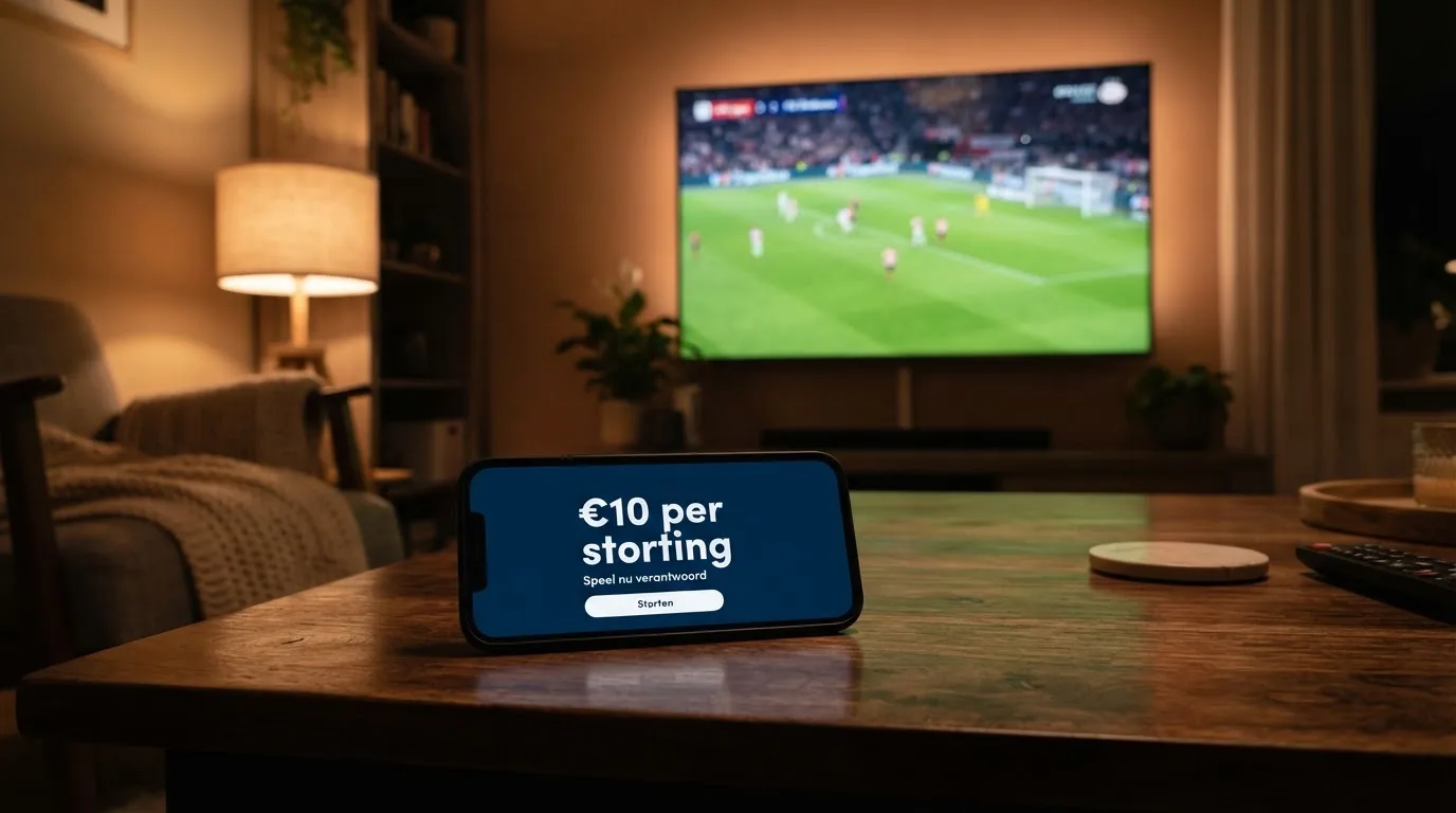Een leeg voetbalstadion met lichtmasten bij schemering