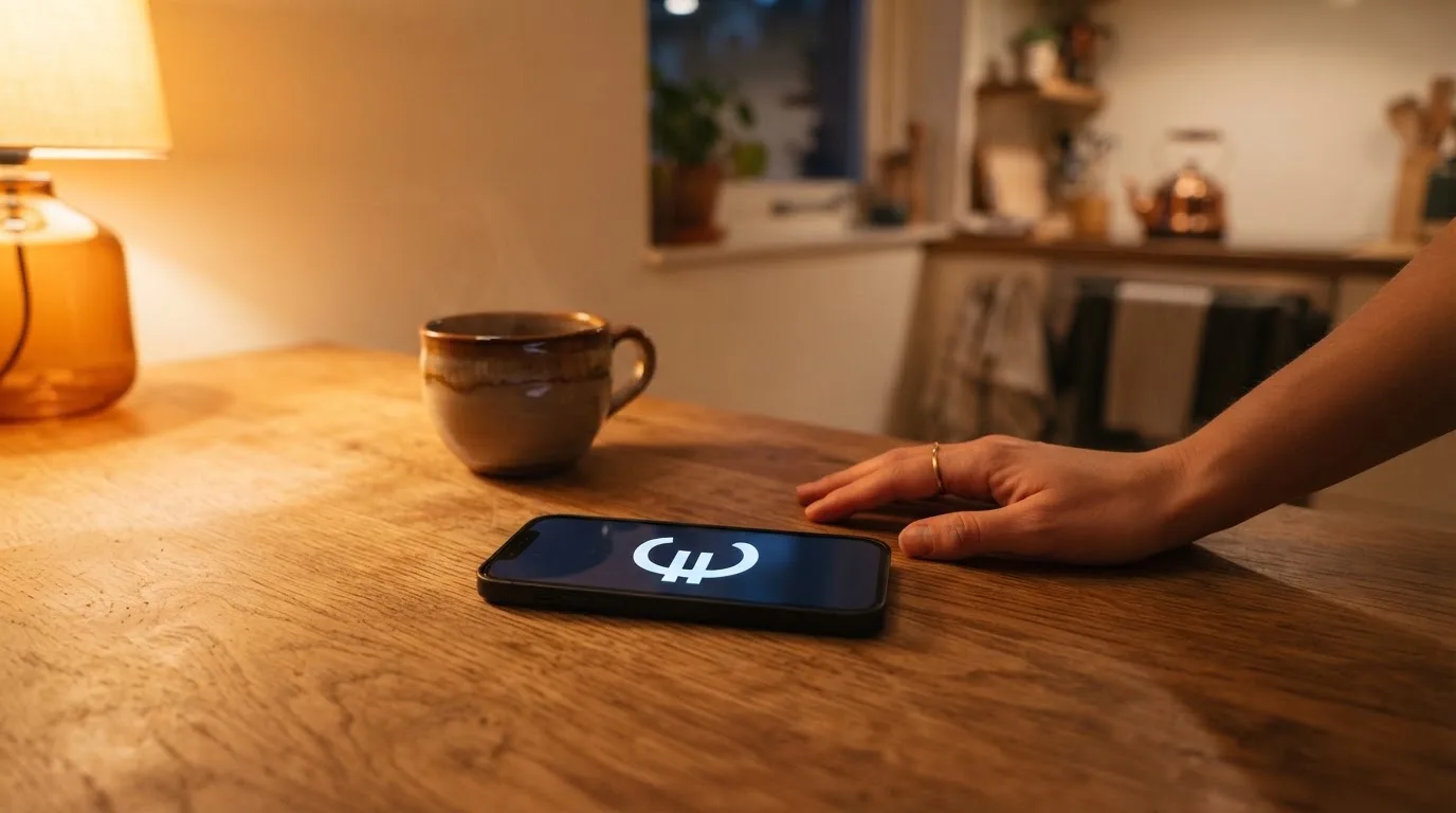 Een hand legt een smartphone naast een kopje thee op een keukentafel, een rustige avond