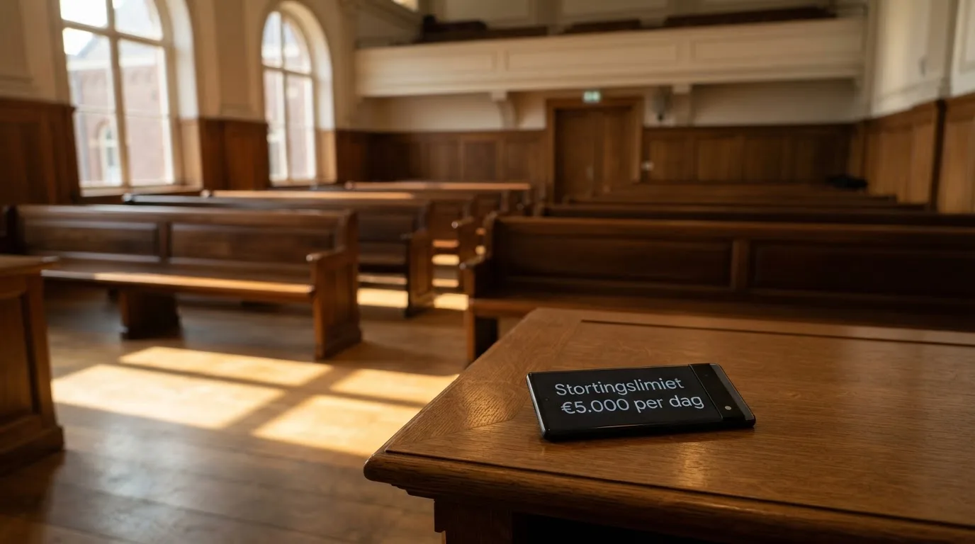 Een lege rechtszaal met houten banken in het ochtendlicht