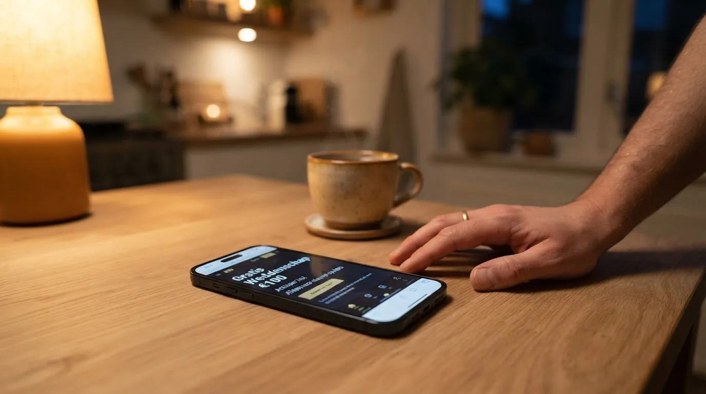 Een hand legt een smartphone naast een kopje thee op een keukentafel, een rustige avond