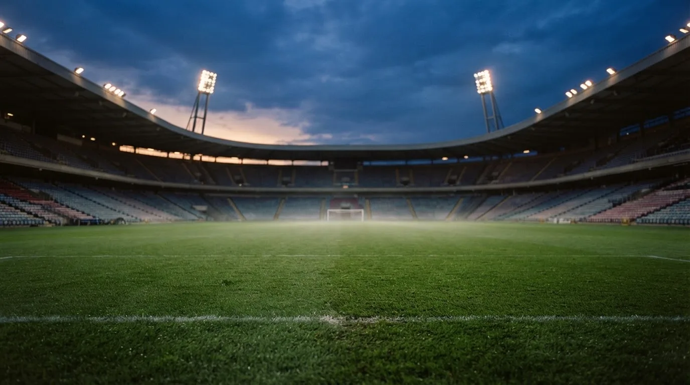 Een leeg voetbalstadion met lichtmasten bij schemering