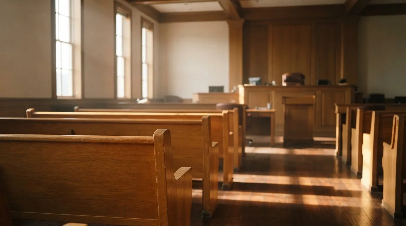 Een lege rechtszaal met houten banken in het ochtendlicht