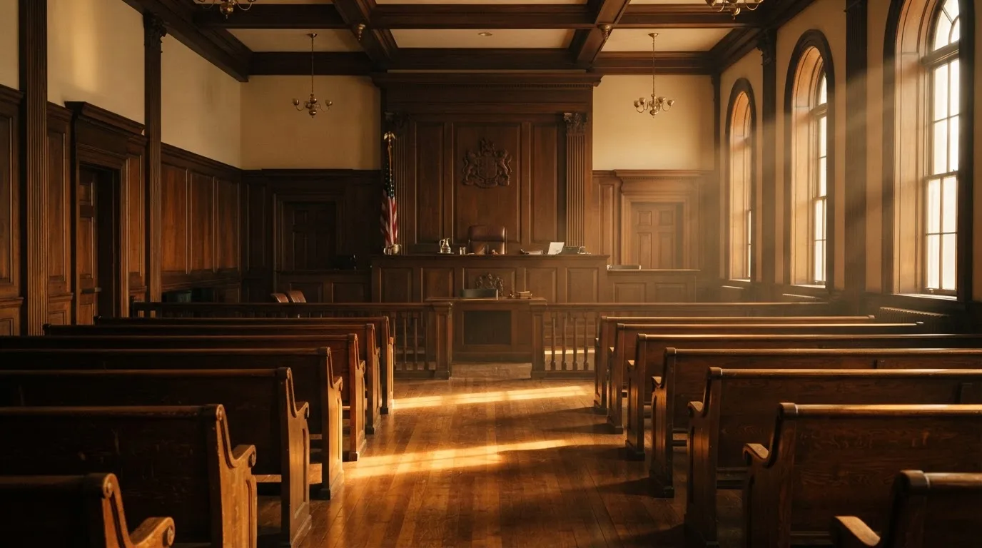 Een lege rechtszaal met houten banken in het ochtendlicht