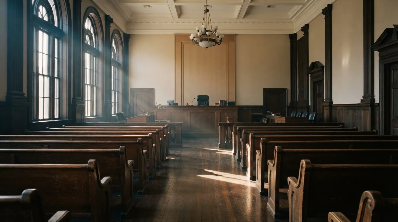 Een lege rechtszaal met houten banken in het ochtendlicht