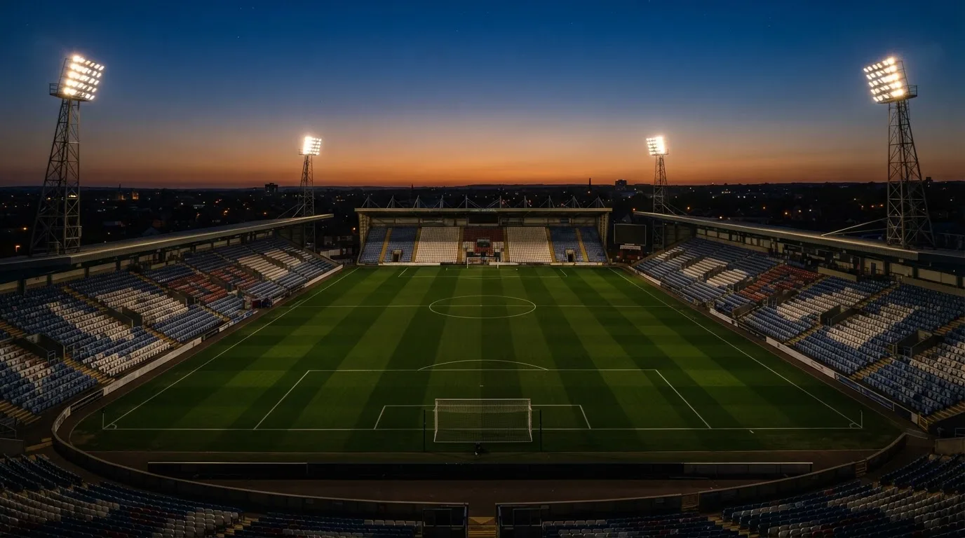 Een leeg voetbalstadion met lichtmasten bij schemering