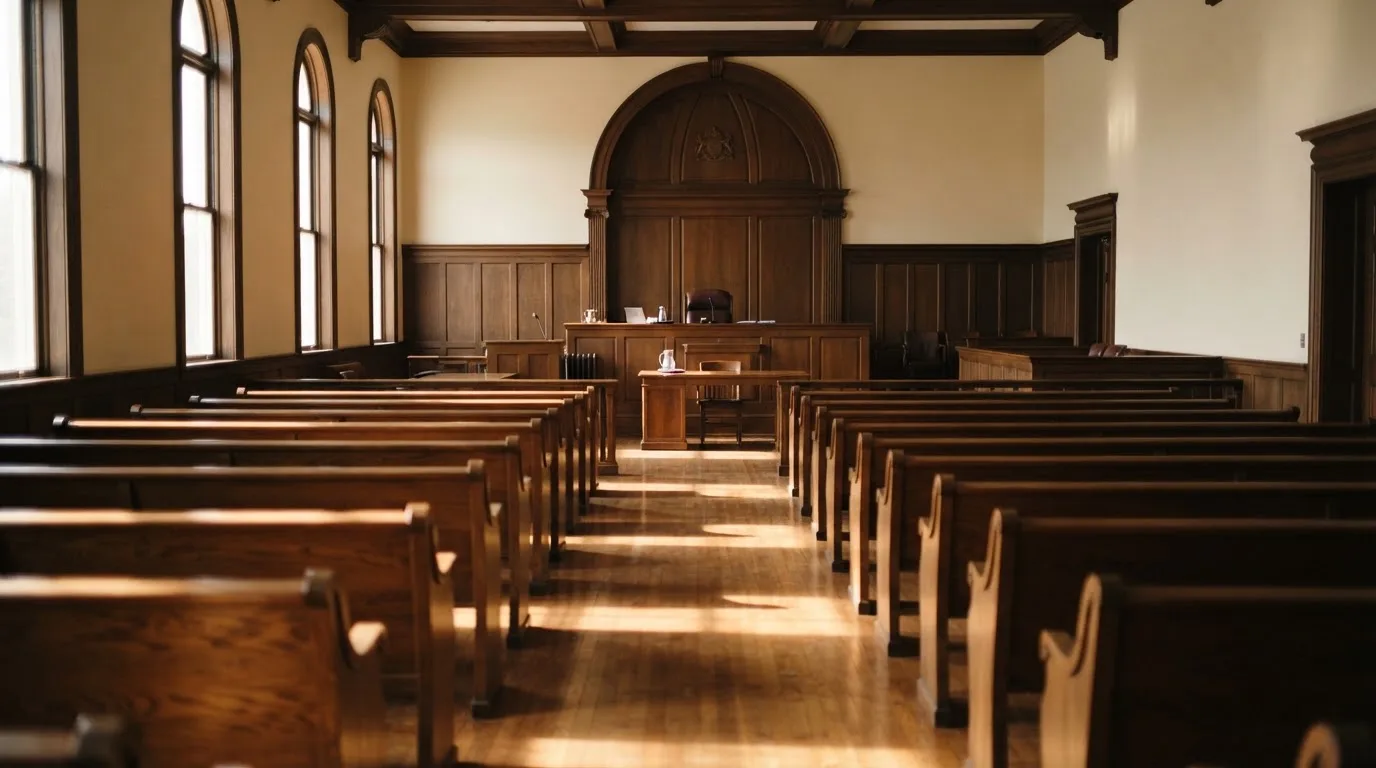Een lege rechtszaal met houten banken in het ochtendlicht