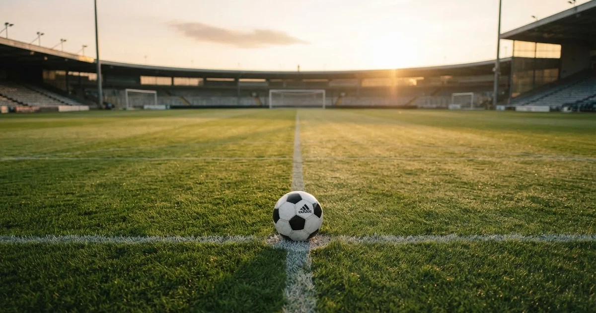 Een voetbal op de middenstip van een grasveld in het ochtendlicht