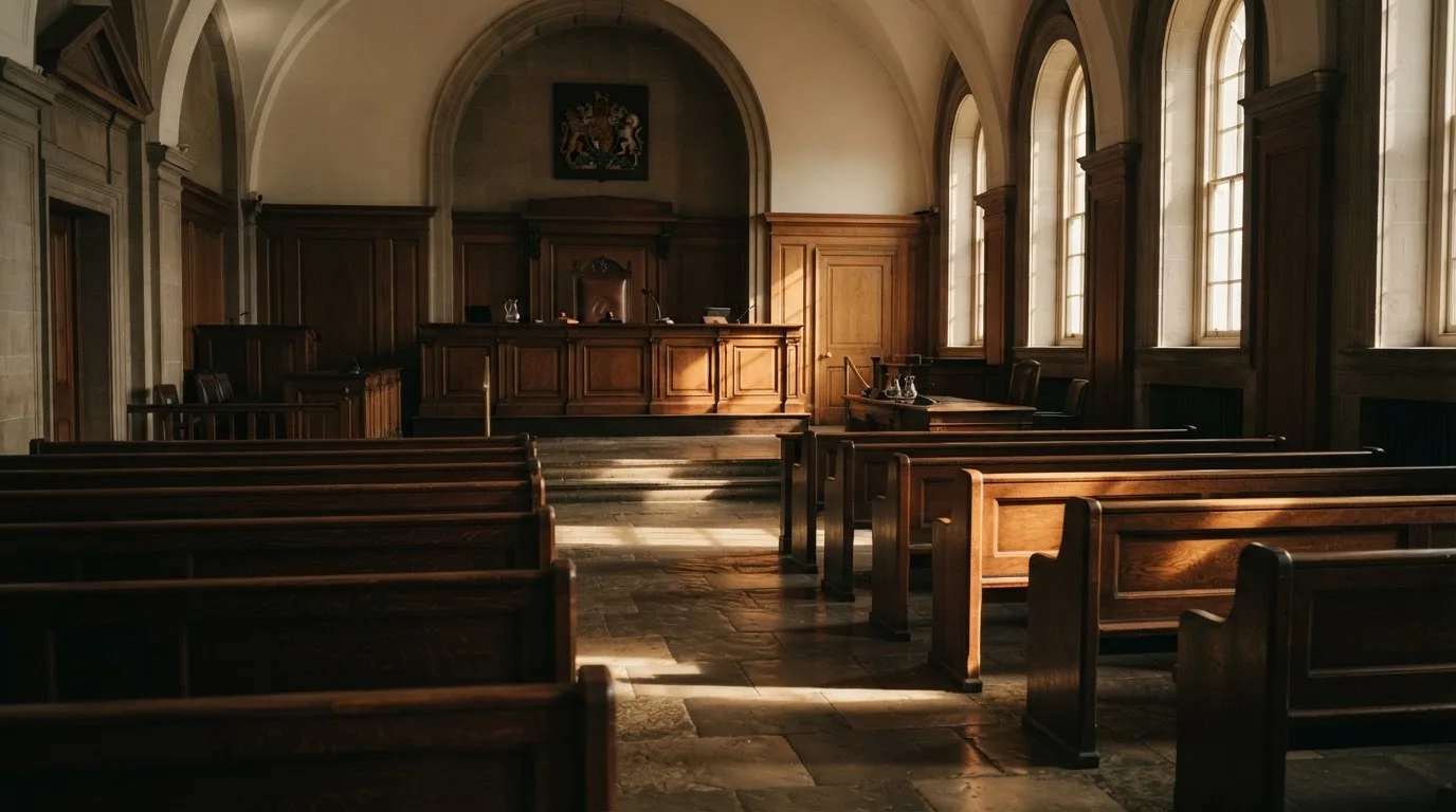 Een lege rechtszaal met houten banken in het ochtendlicht