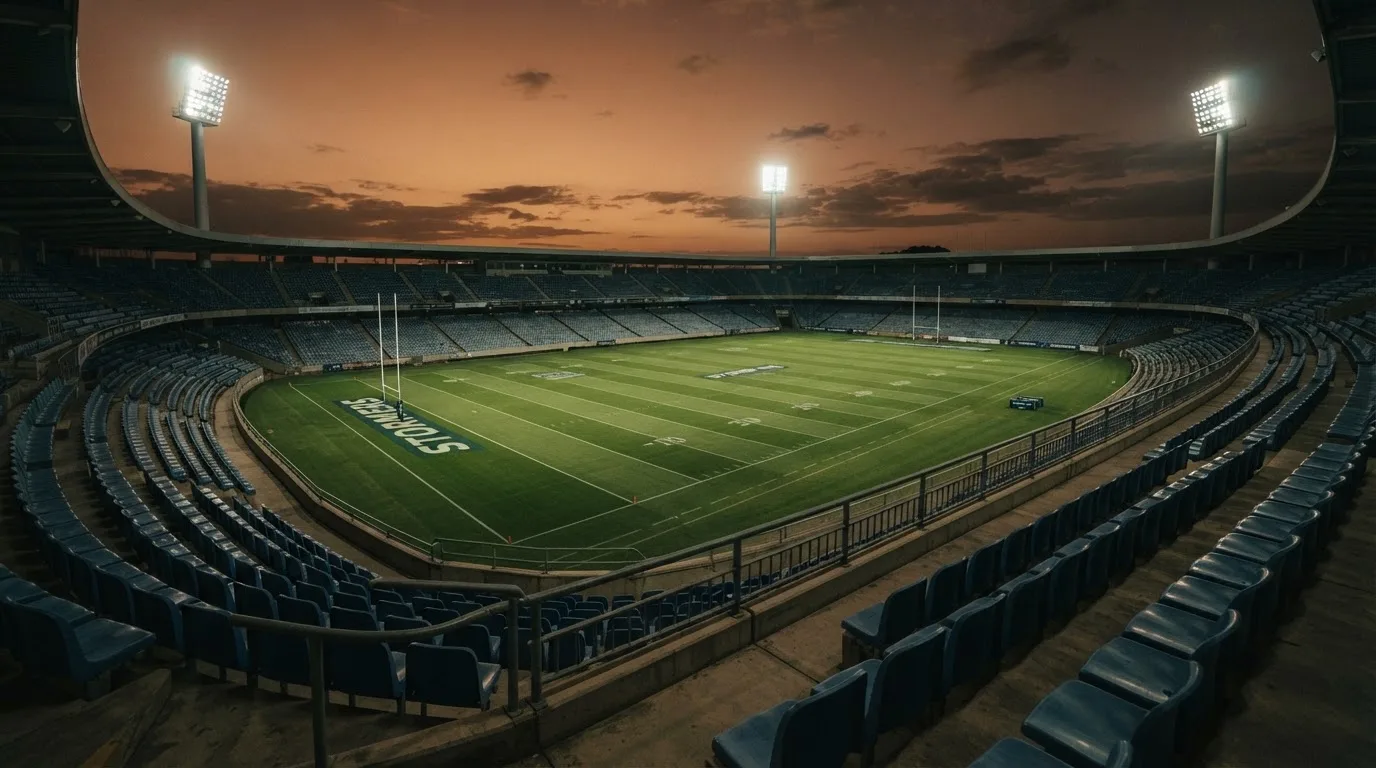 Een leeg voetbalstadion met lichtmasten bij schemering