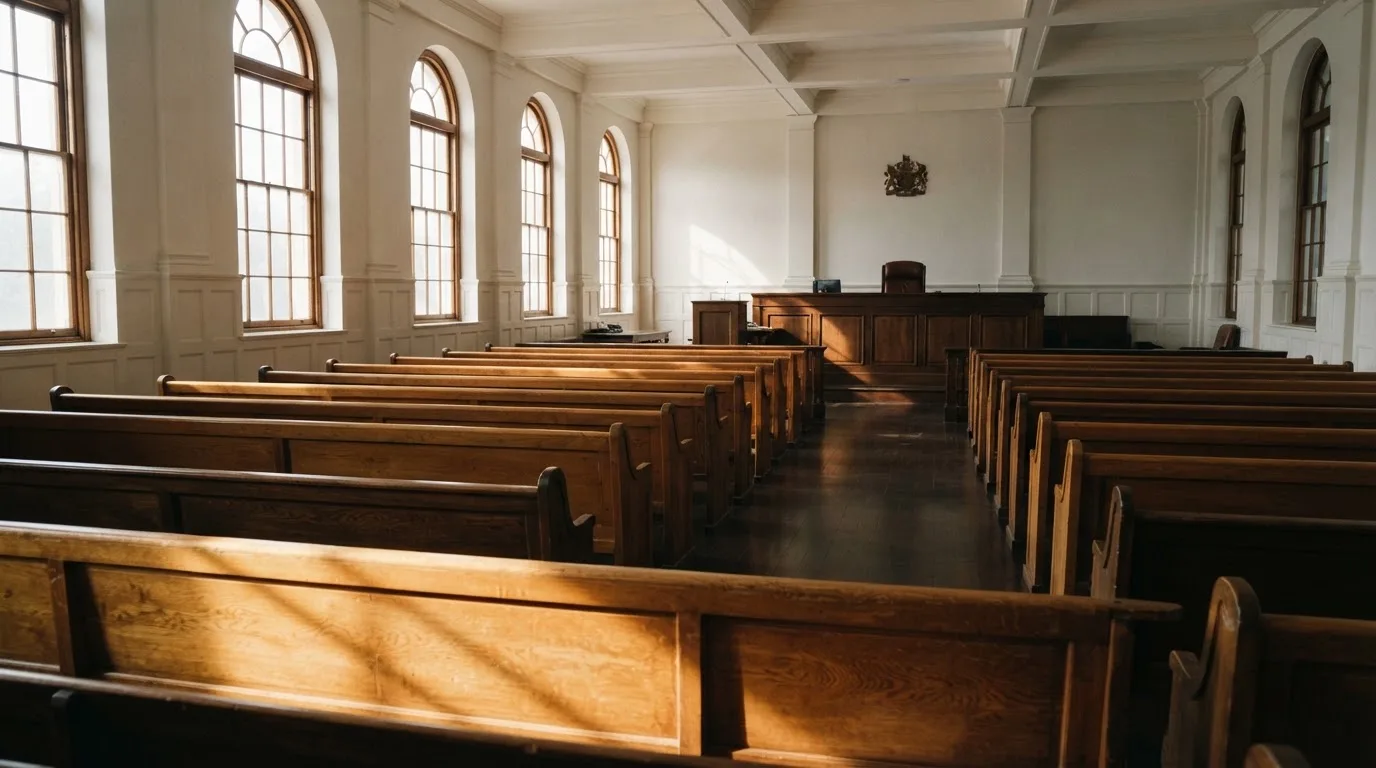 Een lege rechtszaal met houten banken in het ochtendlicht