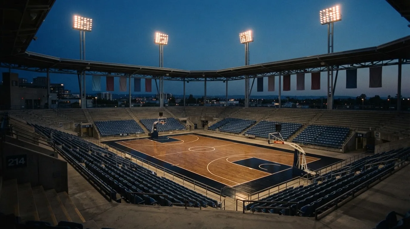Een leeg voetbalstadion met lichtmasten bij schemering
