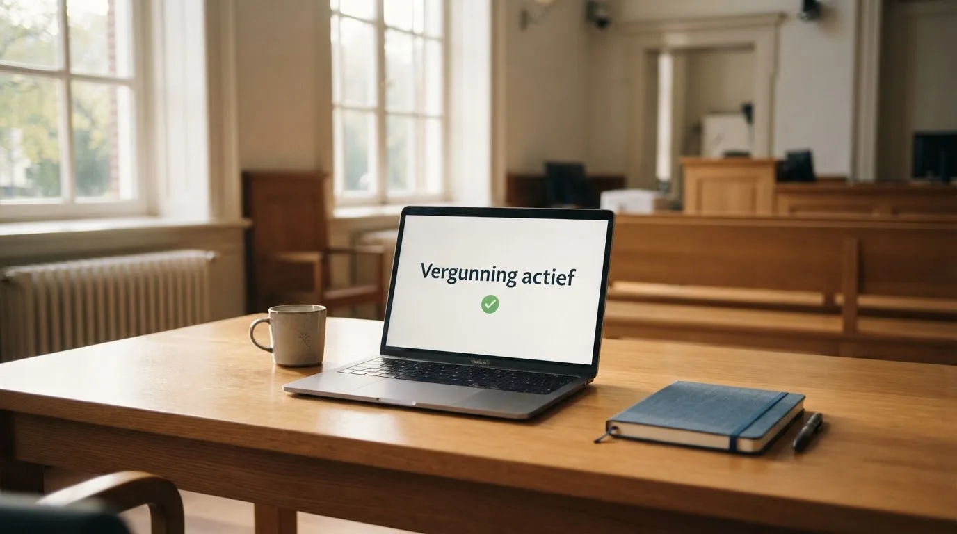 Een lege rechtszaal met houten banken in het ochtendlicht