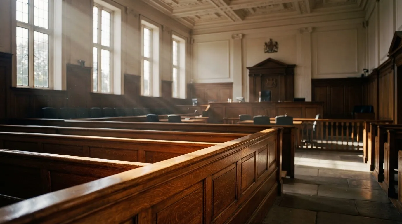Een lege rechtszaal met houten banken in het ochtendlicht