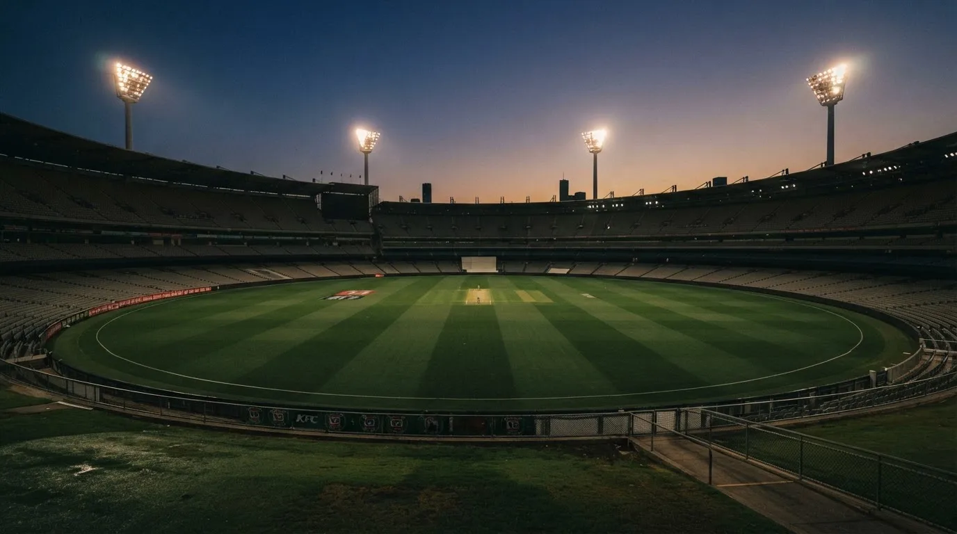 Een leeg voetbalstadion met lichtmasten bij schemering