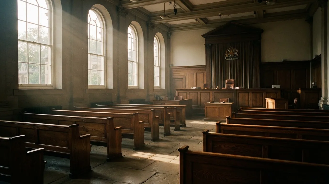 Een lege rechtszaal met houten banken in het ochtendlicht