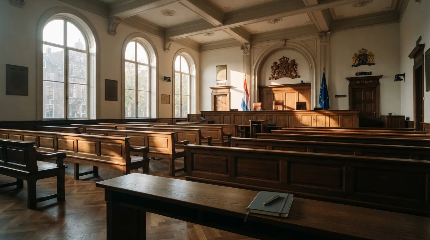 Een lege rechtszaal met houten banken in het ochtendlicht