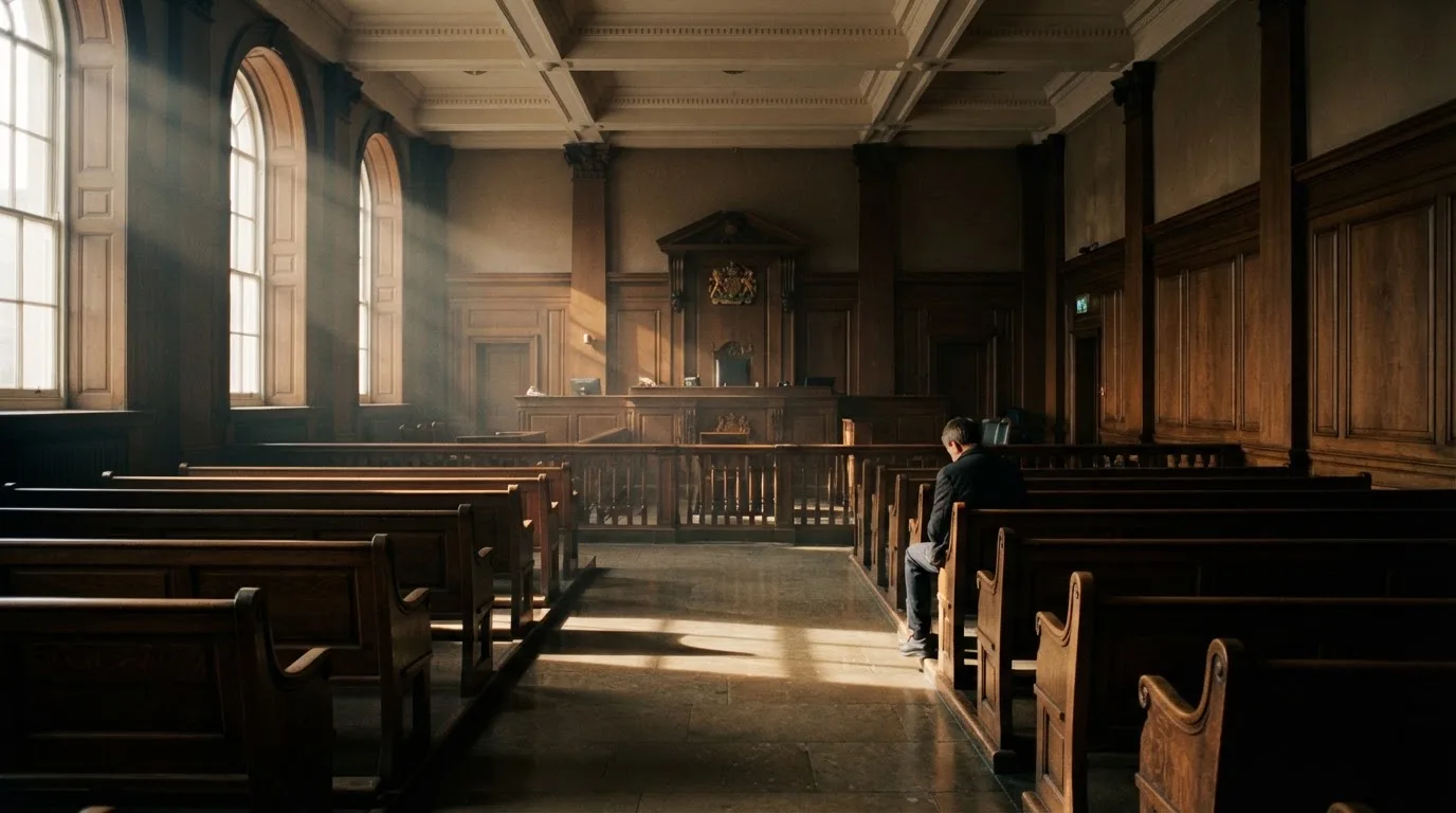 Een lege rechtszaal met houten banken in het ochtendlicht